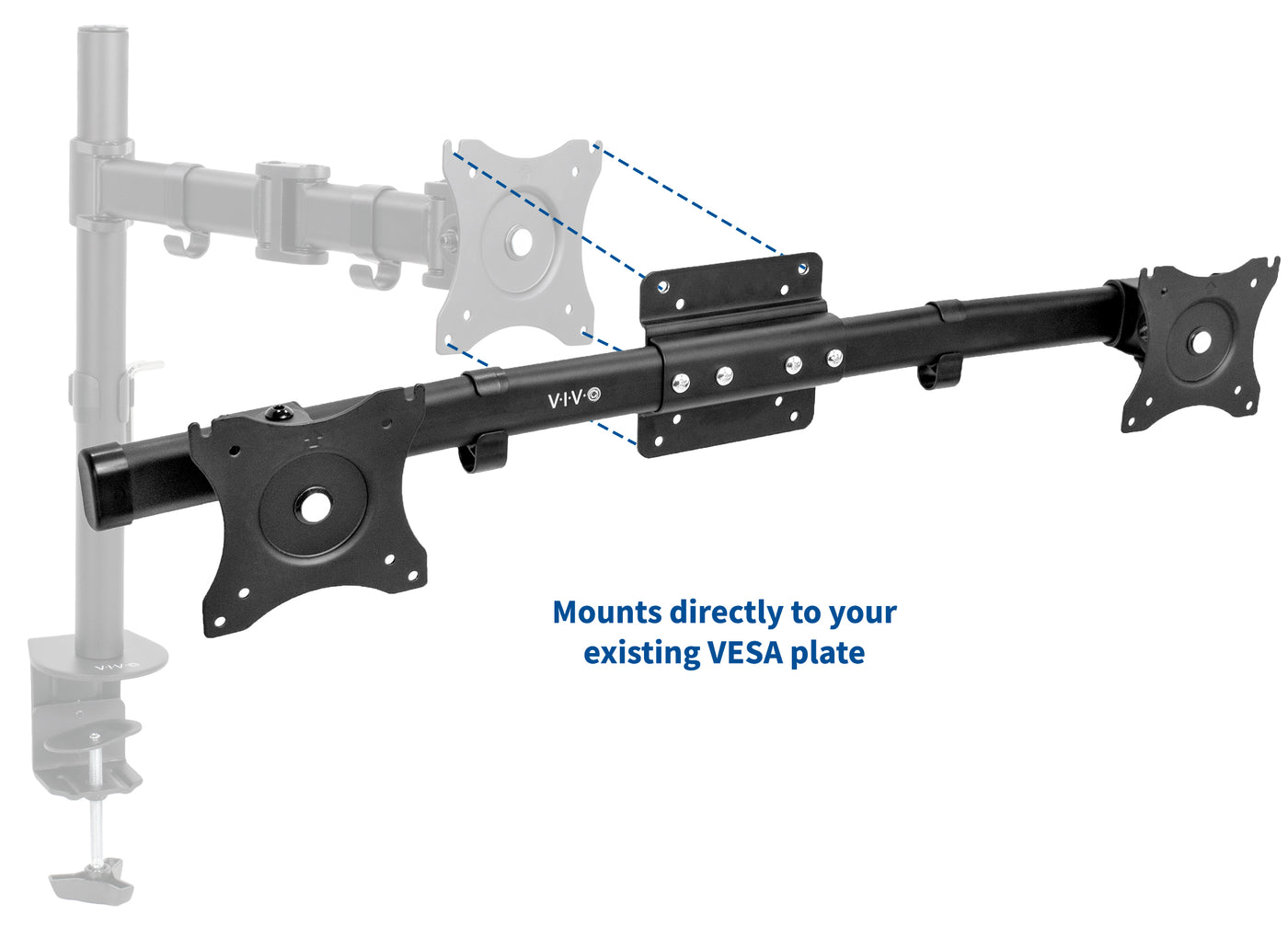 Dual mounting bracket bar allows for direct mounting to existing VESA plate.